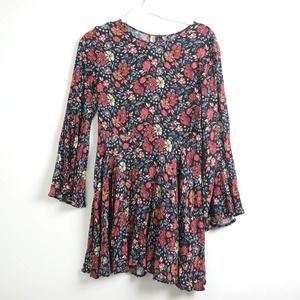 American Eagle Navy Blue Dark Red Floral Bell Sleeve Crepe Minidress